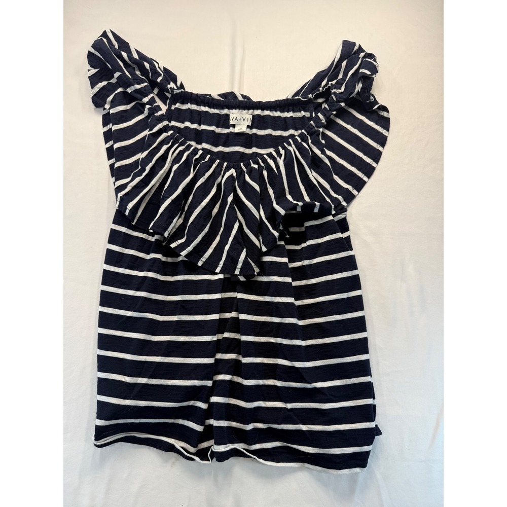 Ava & Viv Womens 1X Navy Blue White Striped Ruffle Off Shoulder Top Plus Size